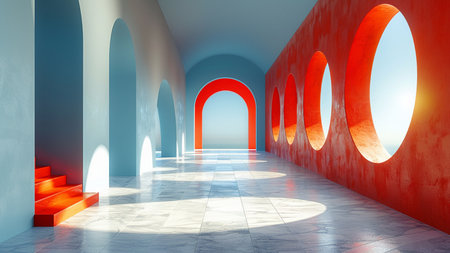 Interior of modern empty room with red and blue arches. 3D renderingの素材