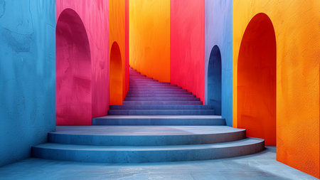 Conceptual 3D illustration of blue stairs with red, orange and blue colorの素材