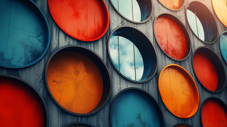 Colorful abstract background of the round holes on the concrete wall.の素材