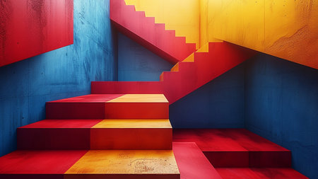 Conceptual image with red, yellow and blue stairs over blue backgroundの素材