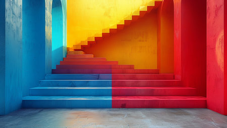 Conceptual image with stairs leading up to bright colored wall. 3d renderの素材