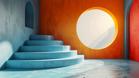 Minimalist interior design with stairs and round window. 3D renderingの素材