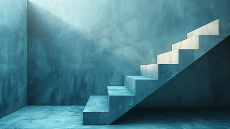 Concrete stairs leading up to blue wall. Success concept. 3D Renderingの素材