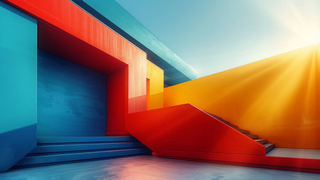 3d render, abstract modern architecture background, empty room with stairsの素材