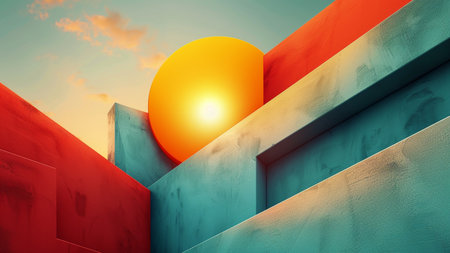 3d rendering of a sun rising over a concrete wall at sunsetの素材