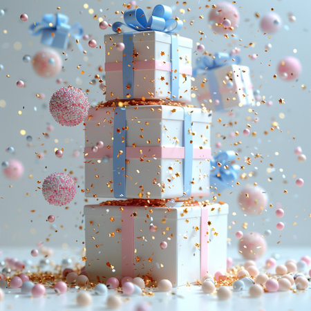 3d render of gift boxes with ribbons and confetti on white backgroundの素材
