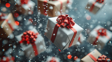 Gift boxes and snowflakes on dark background. 3d renderingの素材