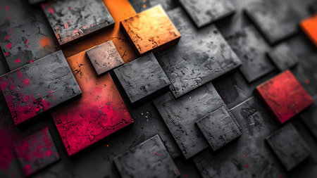 3d illustration of abstract geometric composition, black, orange and red colorsの素材