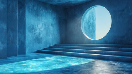 Abstract blue concrete room with round window and stairs. 3D Renderingの素材