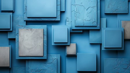 3d rendering of abstract geometric composition in blue color with square elementsの素材