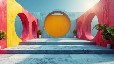 Minimalist interior design with round arch and plants. 3D Renderingの素材