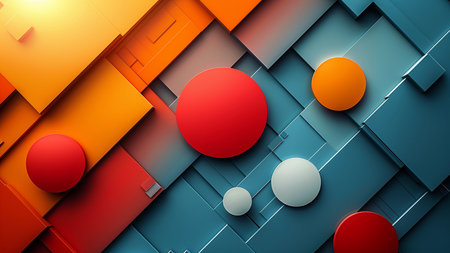 3d render of abstract geometric background with orange, red and white elementsの素材