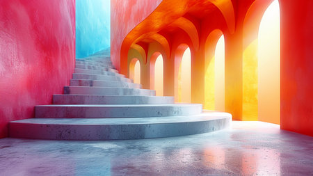 Concrete stairs in empty room with red and blue walls. 3d renderingの素材