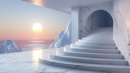 staircase to the sea at sunset. 3d render.の素材