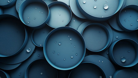 3d rendering of blue plastic circles with water drops. Abstract background.の素材