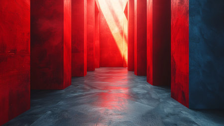 3d rendering of abstract empty room with concrete floor and red wallの素材