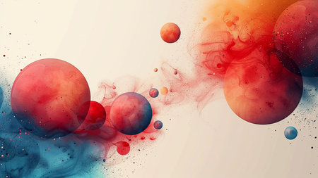 Abstract background with red, orange and blue watercolor splashes and bubblesの素材
