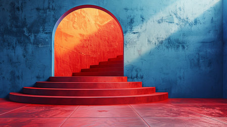 Staircase in the blue room with arch and sunlight. 3D renderingの素材