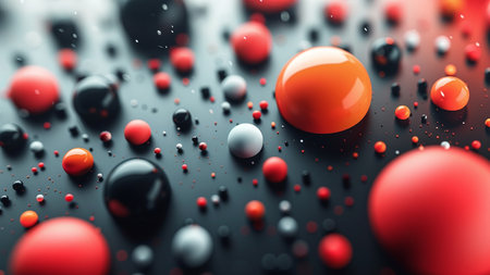 3d rendering of red and black spheres in water on black backgroundの素材