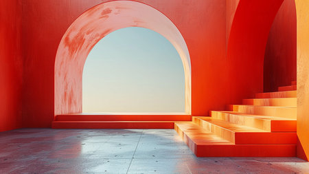 Empty room with orange door and red stairs. 3D Renderingの素材