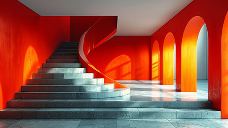 3d rendering of a red corridor with a staircase leading to itの素材