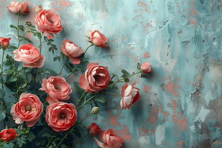 Beautiful roses on grunge textured background, space for textの素材