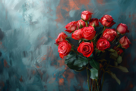 Bouquet of red roses on a blue background. Copy space.の素材