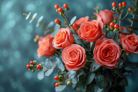 Beautiful bouquet of fresh roses on blue background, closeupの素材