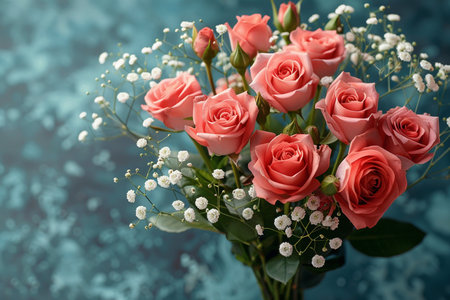 Bouquet of beautiful pink roses on blue background, closeupの素材