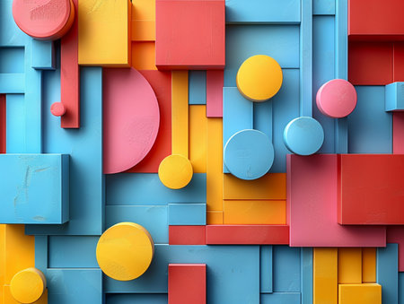 3d render of colorful wooden blocks. Abstract background with geometric shapes.の素材