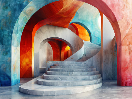 Concrete stairway in the interior with arch. 3d renderingの素材