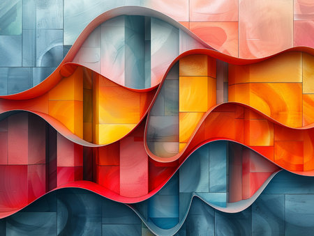 3d illustration of abstract multicolored background with curved lines and wavesの素材