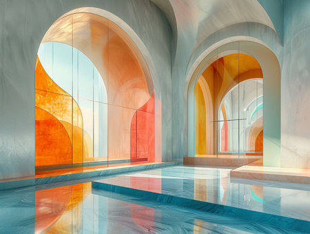 Interior of the hall with arches and glass. 3d renderの素材