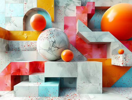 Abstract background with geometric shapes and balls. 3d render illustration.の素材