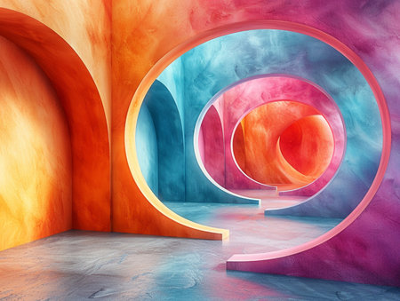 Abstract interior with blue and orange tunnel. 3D Rendering.の素材