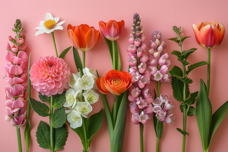 Flowers composition on pink background. Flat lay, top view.の素材
