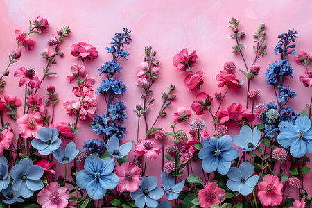 Flowers composition. Colorful flowers on pink background. Flat lay, top view, copy spaceの素材