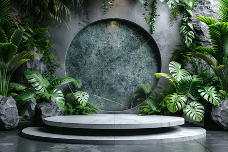 Podium with green plants and marble wall, 3d render.の素材