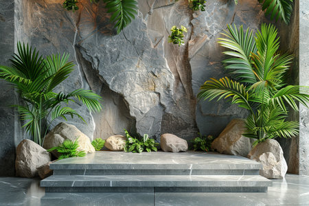 Modern stone podium with tropical plants. 3d rendering. Mock up.の素材