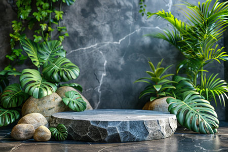 Empty marble podium and green tropical plants on dark background. Mock up for product displayの素材