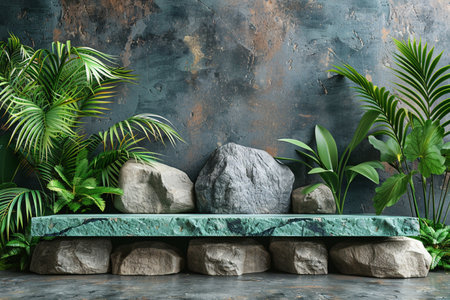 Modern stone bench with tropical plants on grey wall background. Interior designの素材