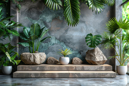 3d render of tropical plants in pot on concrete wall background.の素材