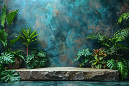 Tropical plants on stone shelf in front of dark blue wallの素材