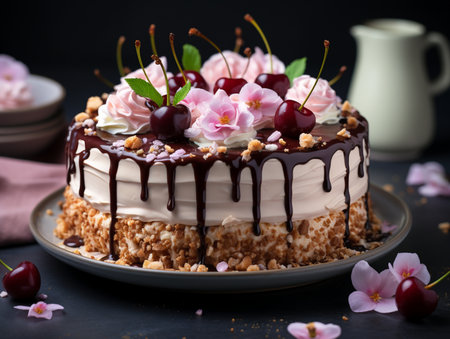 Chocolate cake with cherries and whipped cream on a dark backgroundの素材