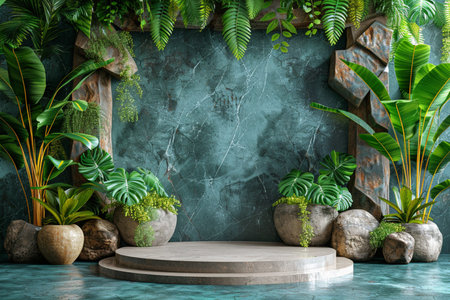 Green marble podium with tropical plants and stone wall. 3d renderingの素材