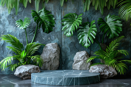 3d render of marble stage with tropical plants and stone background.の素材