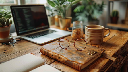 Glasses on a wooden table with a laptop and a cup of coffeeの素材