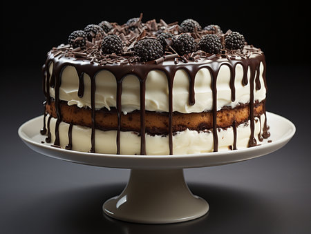 Chocolate cake with cream and blackberries on a white plate.の素材