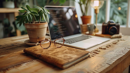 Laptop, notebook and eyeglasses on a wooden table.の素材