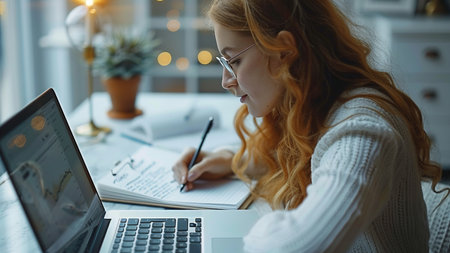 Side view of concentrated woman in eyeglasses working on laptop while sitting at table in officeの素材
